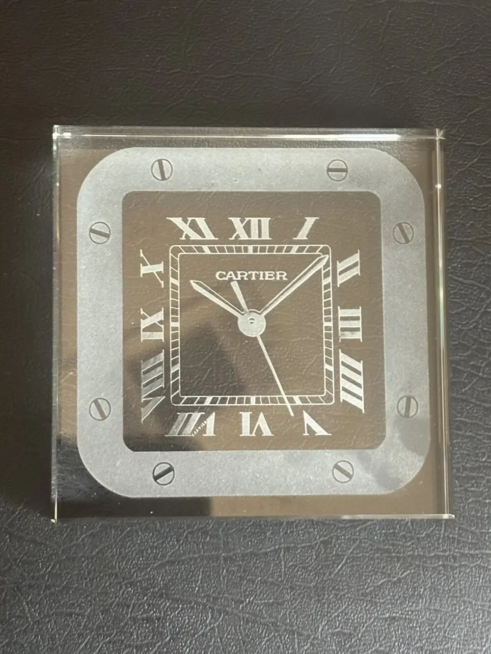 Cartier Marked Square Crystal Desk Paper Weight Roman Numerals w/ Red Box AS-IS